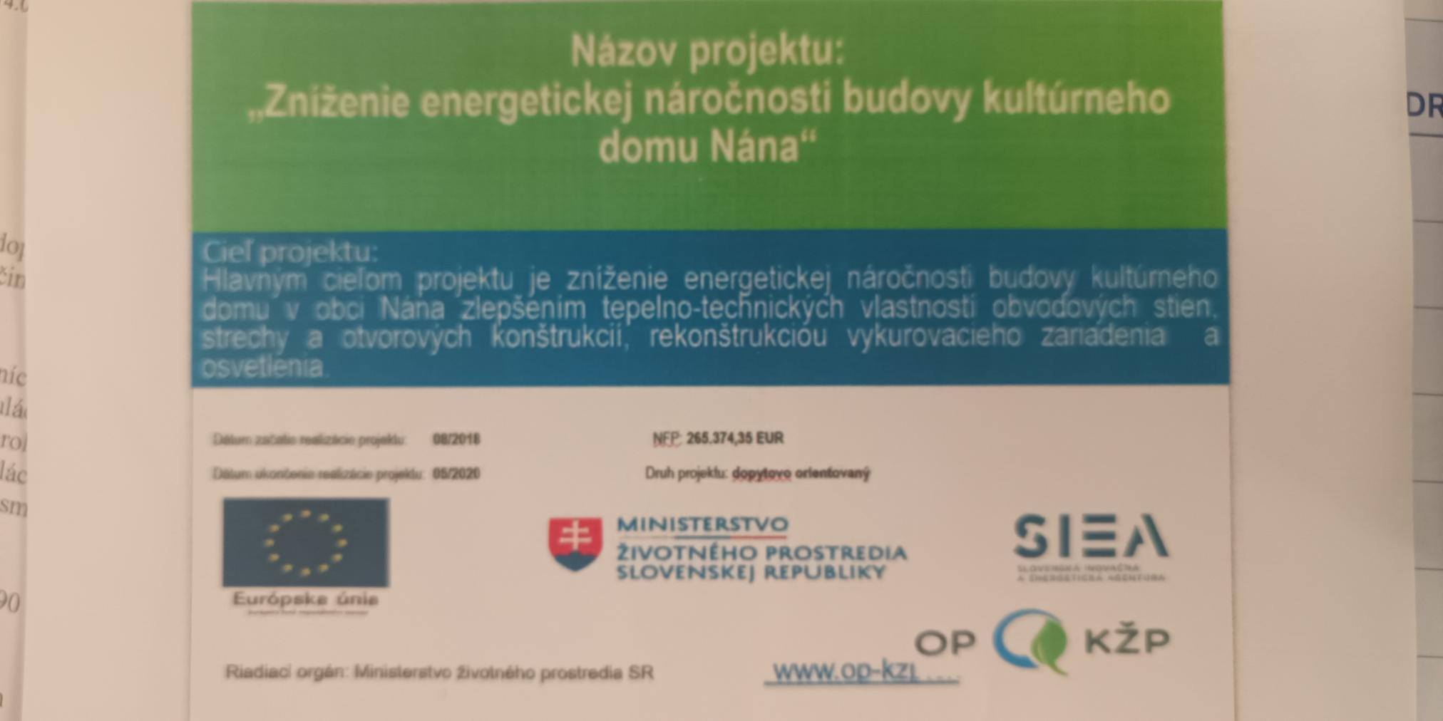 Fotka - Zníženie energetickej náročnosti budovy kultúrneho domu Nána